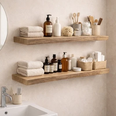 Schweberegal massiv Eiche Farbe Weißöl Wandregal Holz Regal Wand Shelf Baumkante - Bild 1 von 4