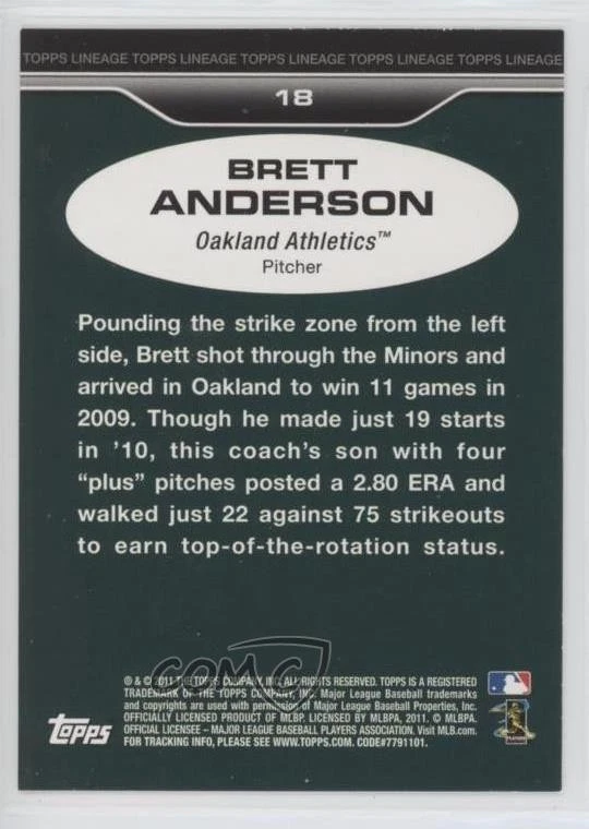 2011 Topps Lineage Brett Anderson #18 - Image 2 of 2