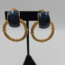 Statement Doorknocker Hoop Blue Enamel Earrings Clip On Goldtone VTG Rope