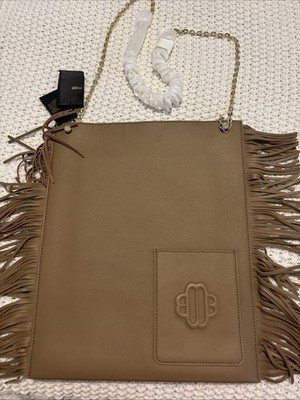 New MAJE Clover Leather Crossbody Flat Bag with Chain Strap and Fringing ~ Camel