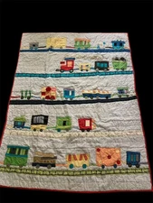 Land Of Nod Crib Toddler Bed Quilt Boys Train 41”x53” Reversible VTG Red Blue