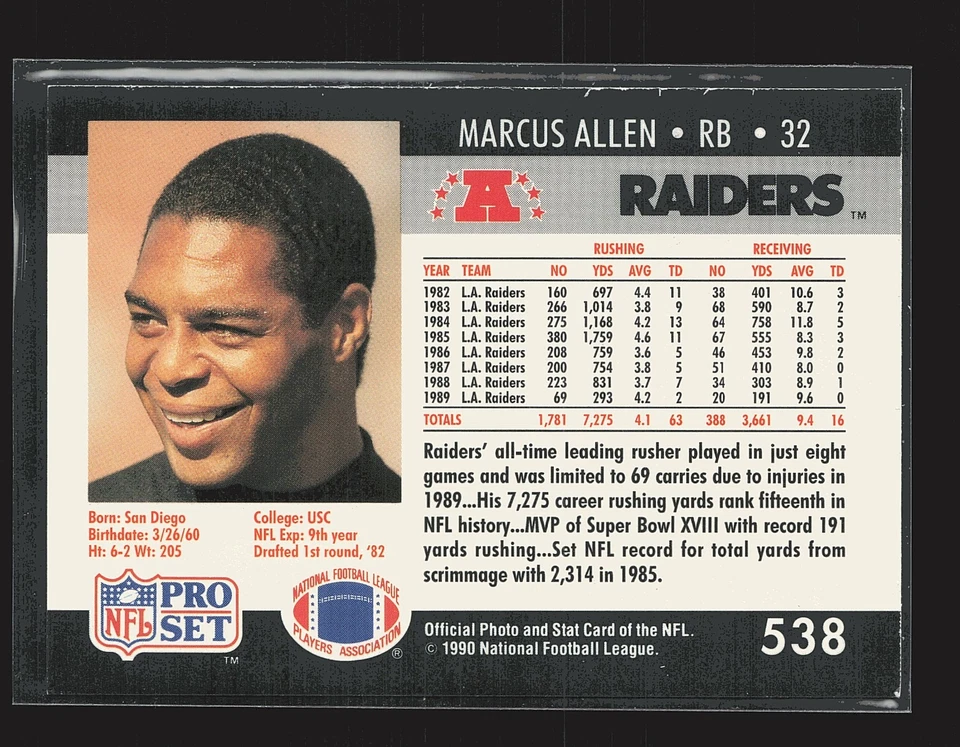 1990 Pro Set - Marcus Allen #538 - Image 2 of 2