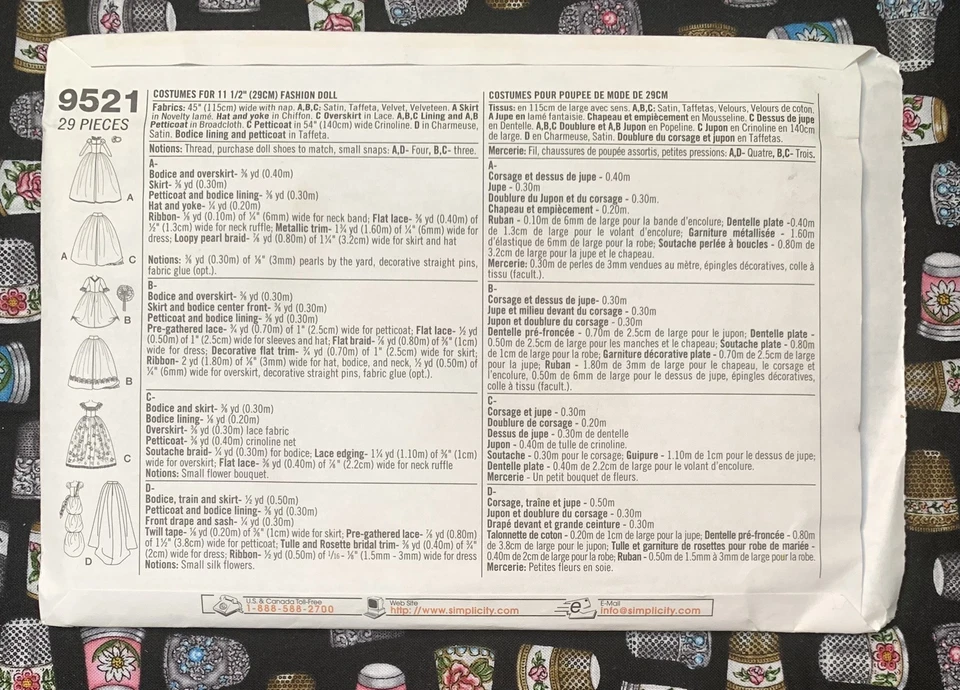 *OOP* Simplicity #9521 Doll Museum Collection Pattern for 11 1/2” fashion dolls - Image 2 of 3