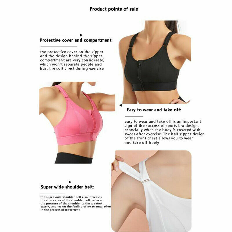 S-5XL Women Zip Front Sports Bra High Impact Adjustable Full