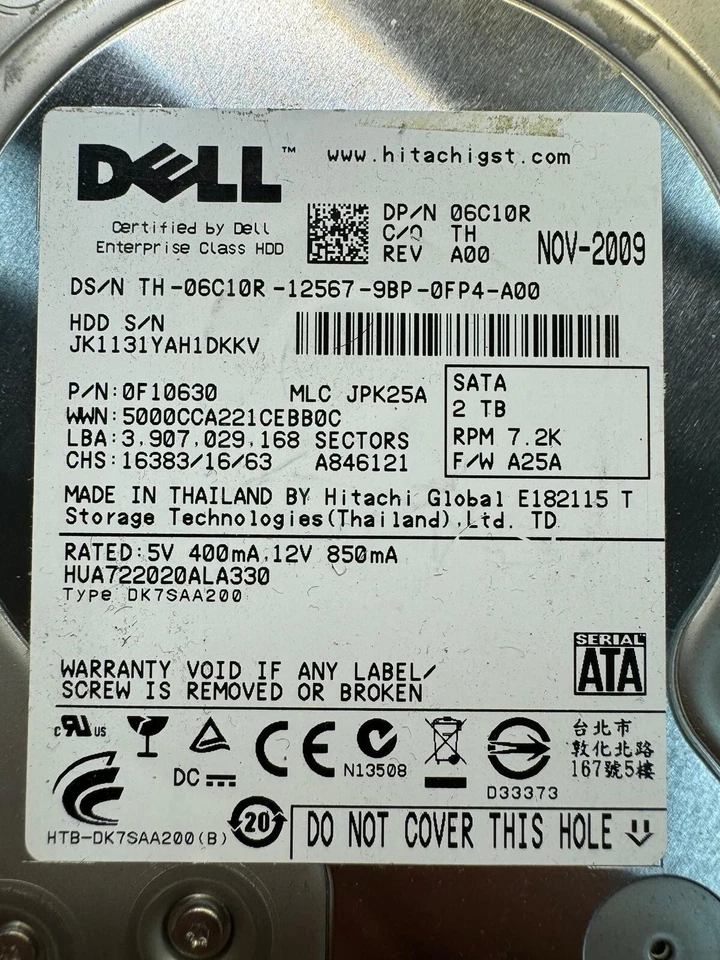 DELL HUA722020ALA330 0F10630 06C10R 2TB 7.2K RPM 64MB CACHE 6Gb/s SATA 3.5" HDD - Image 2 of 4