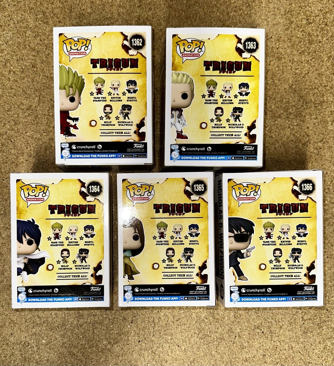 Funko Pop! Vash, Knives Millions, Wolfwood, Milly, Meryl Trigun