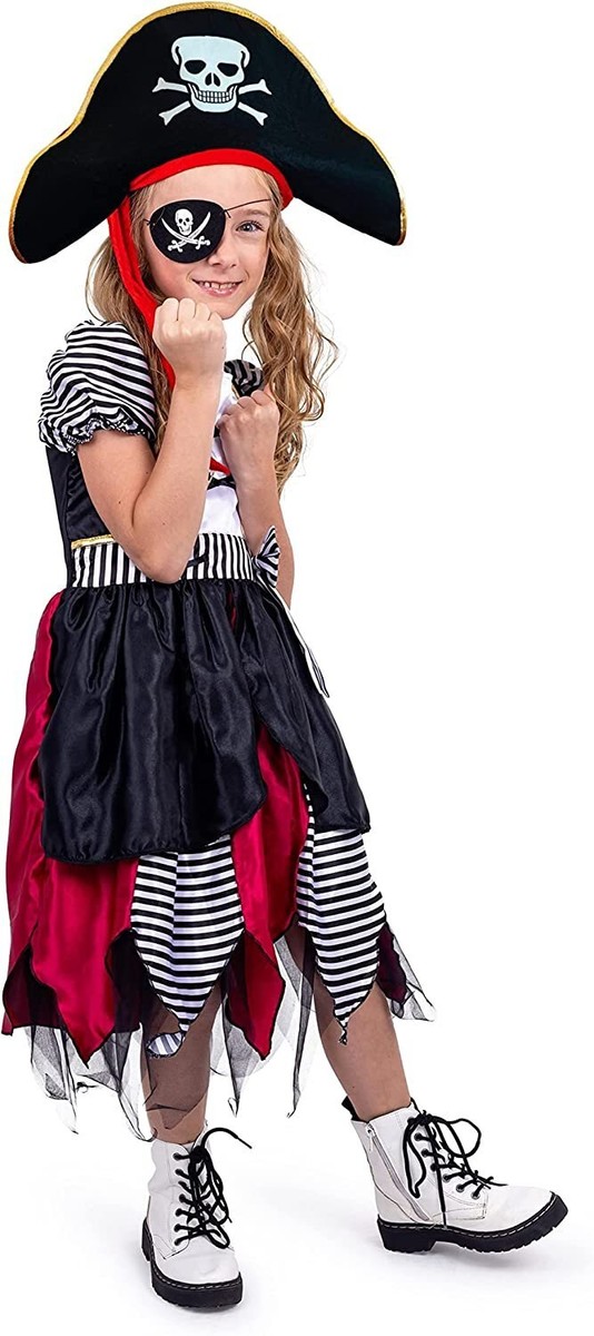 Girls Pirate Princess Costume Set - Buccaneer Dress With Eye Patch, Coins & Pouch For Halloween - View #6