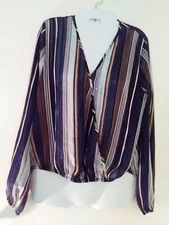 V-Neck Striped Long Sleeve Blouse Elastic Front Shirt-Style Back Small