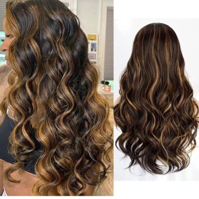 Highlight Body Wave Wigs Omber Black Brown Synthetic Wig Hairline Heat Resistant