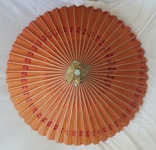 Vtg JAPANESE UMBRELLA PARASOL Lacquer Rice Paper Bamboo Wood Orange Spiral 37"