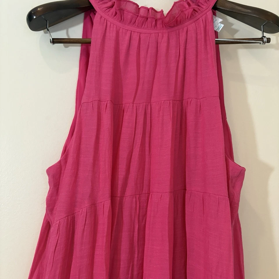 Vestido midi para mujer The Mint grande rosa gasa con volantes en capas cuello atado boho playero Foto 3 de 4