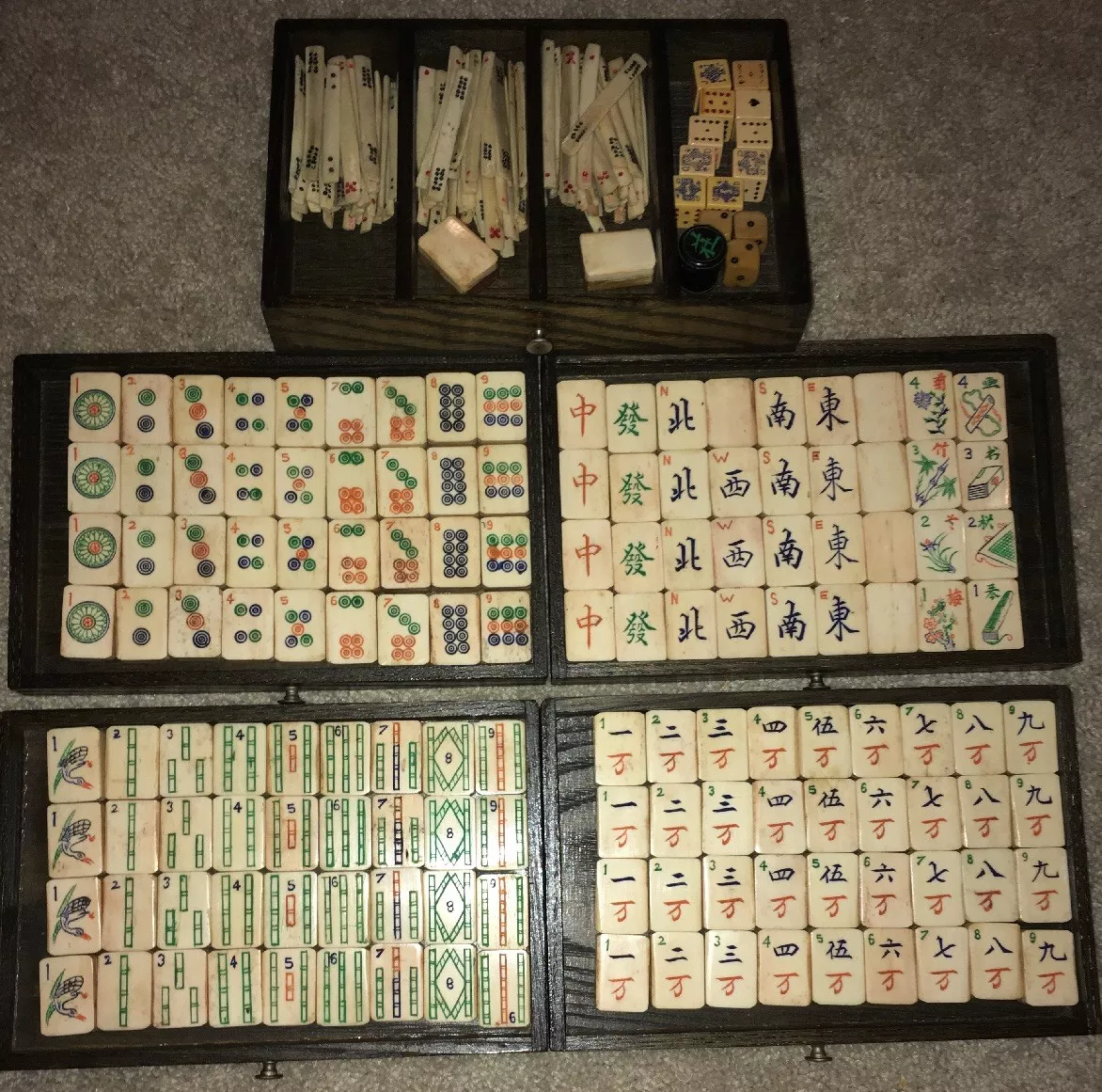 Antique Chinese Mahjong Game Set in Fitted Locking Leather Case