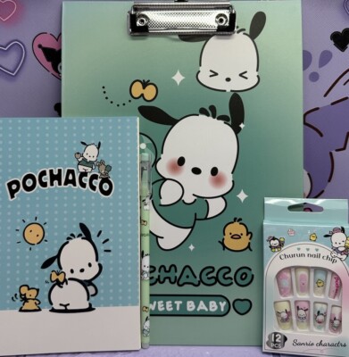 Süßer Hund POCHACCO Sanrio Paket A4 Klemmbrett Gel Stift Notizbuch Nägel süß Geschenk