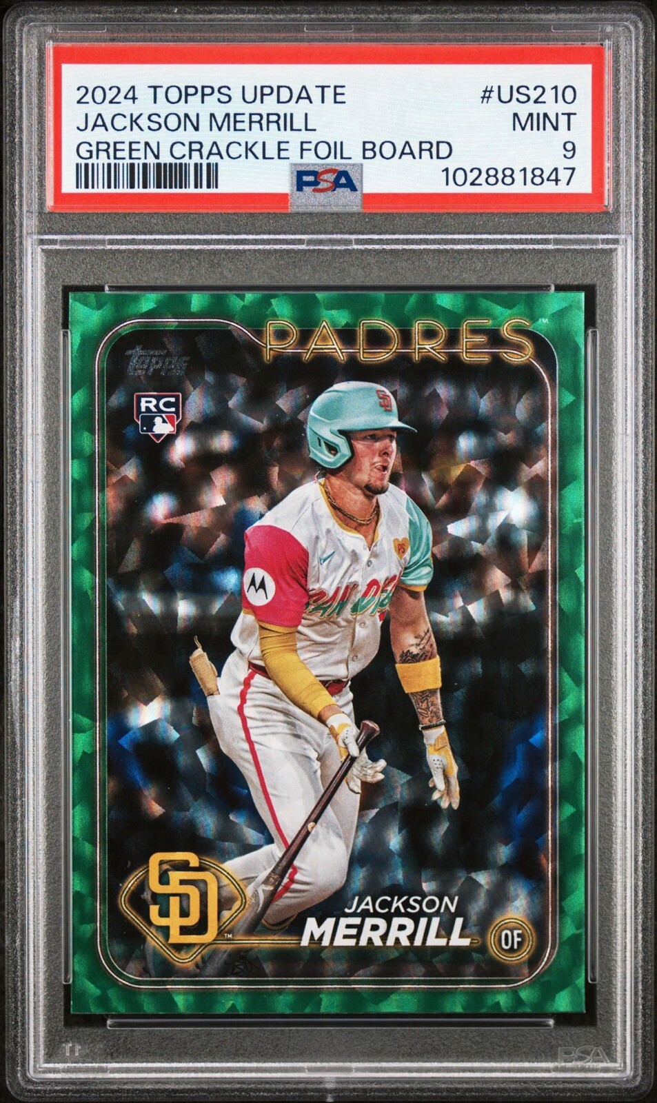 2024 Topps Update Series - Green Crackle Foilboard #US210 Jackson Merrill PSA 9