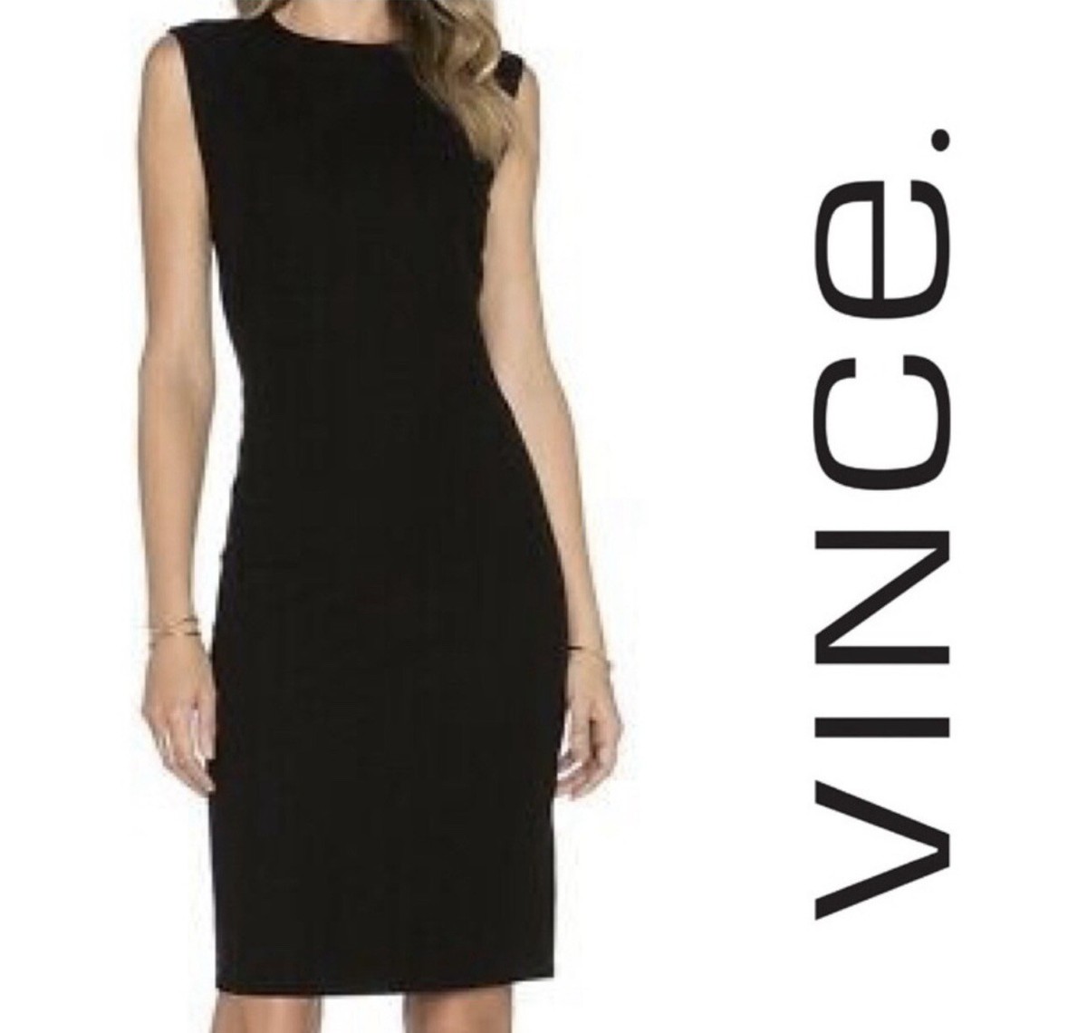 VINCE Ribbed Knit Pencil Dress Black Ponte Medium VR898-50267 Zip Back  Stretch