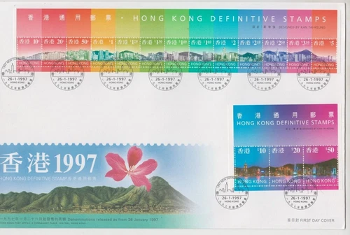Stamps 1997 Hong Kong definitives strip of 13 & $80 mini sheet on large FDC