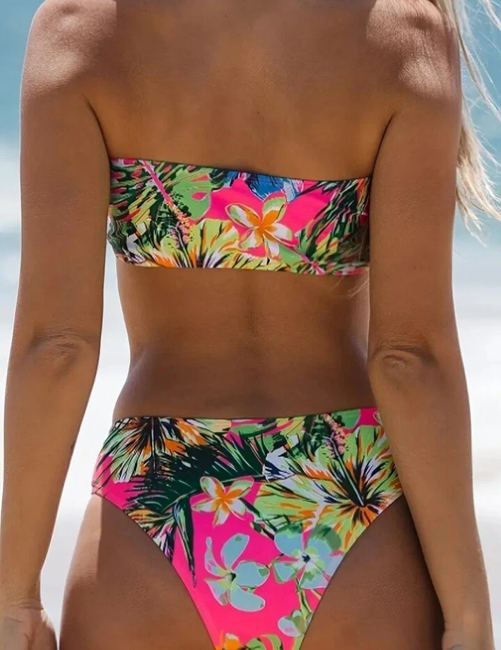 New Tropical Floral Leaf Print Bandeau Strapless 2 Piece Bikini Set - Size 16  - Image 3 of 4