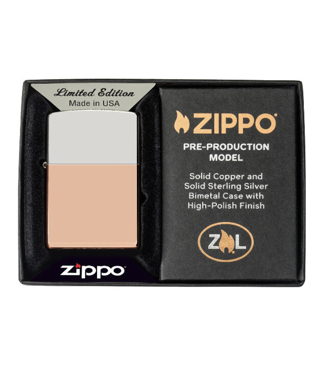 BIMETAL CASE ZIPPO LIGHTER BOTTOM COPPER LID STERLING SILVER UNIQUE BOTTOM STAMP