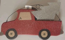 Red Wood Truck with Tin Christmas Tree Fake Sparkle Snow 13 x 8" Hanging Decor