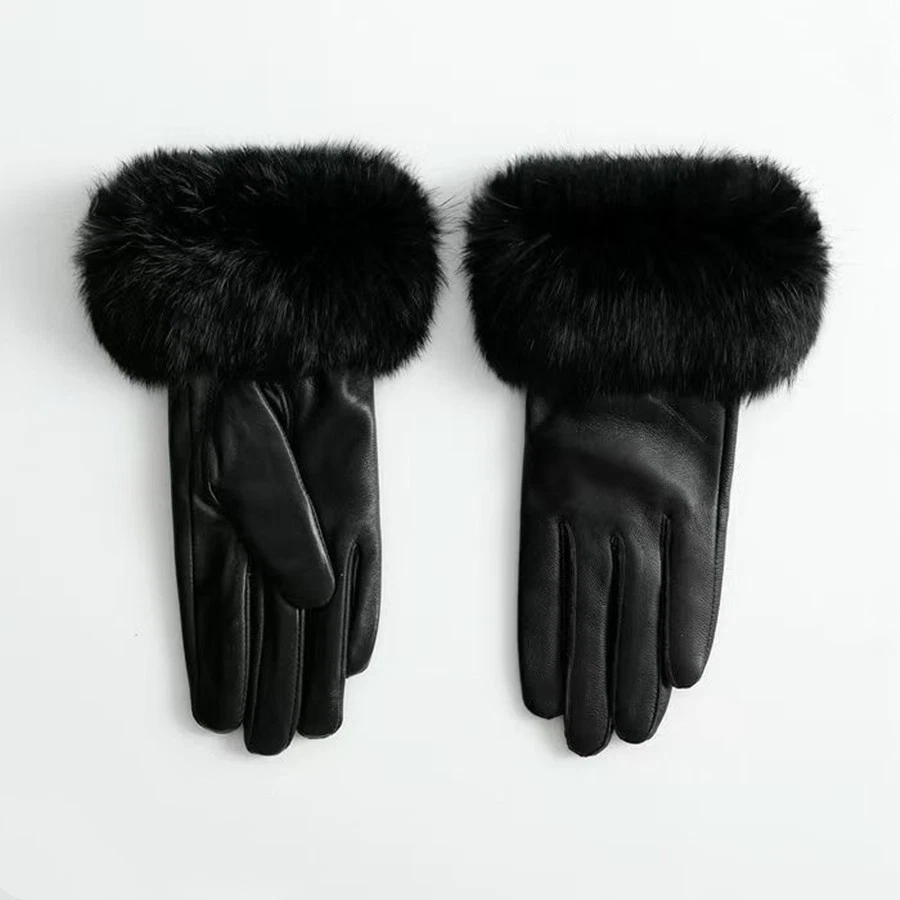 Women Genuine Lambskin Leather Gloves with Real Rabbit Fur Trim Cuff Winter Warm