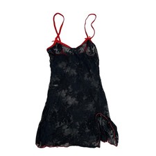 Leg Avenue Black Floral Lace Chemise Red Trim Bows One Size