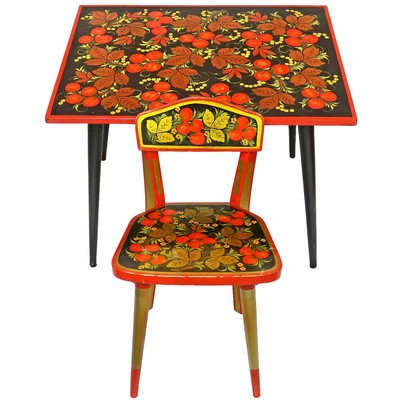 Vintage Khokhloma Hand Painted Wood Doll Table Chair Set Folk Art Golden Fruit
