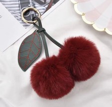 Red Wine Fluffy Cherries Pom Pom Keychain / Purse Charm NEW -Fashion Accessories