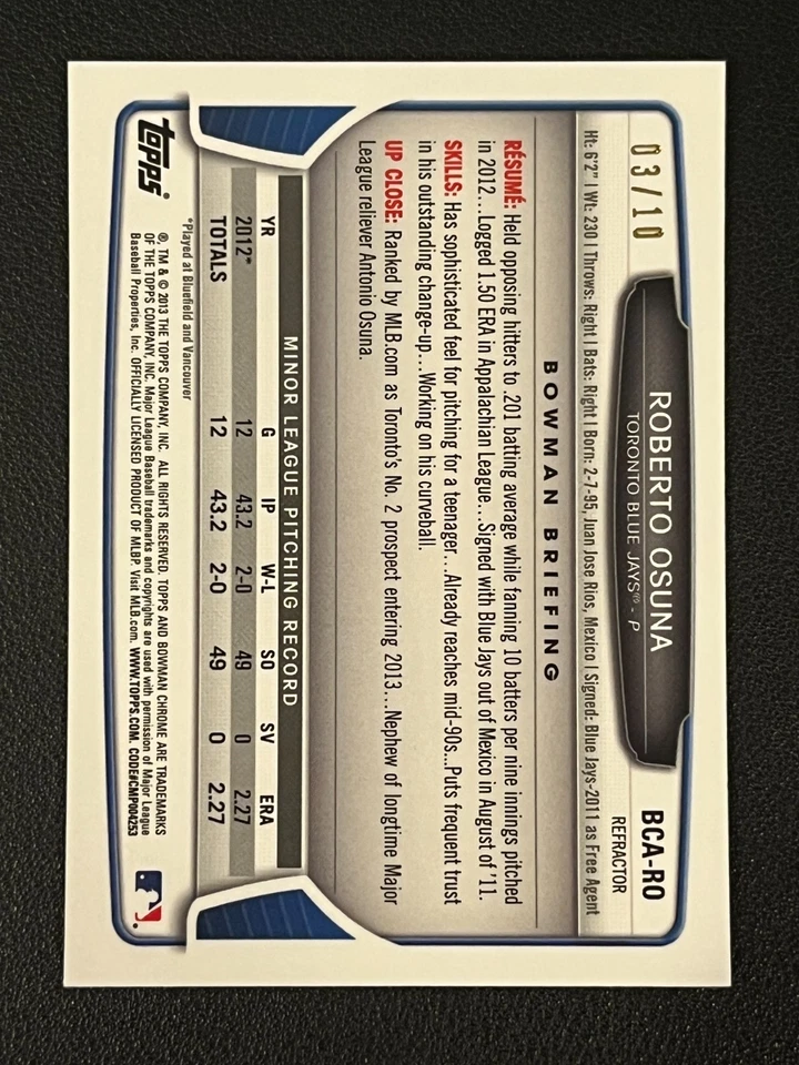 Roberto Osuna 2013 Bowman Chrome с автографом фиолетовый переливающийся /10 Blue Jays - Изображение 2 из 2