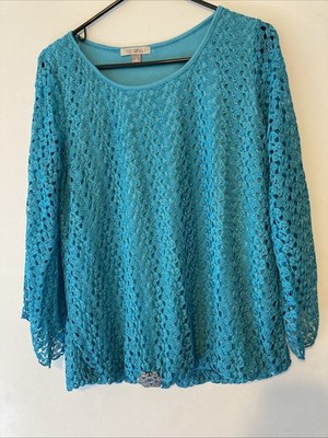 Roz Ali Womens Lace Overlay Snowflake Embellishment Blue 3/4 Bell Sleeve Sz Med