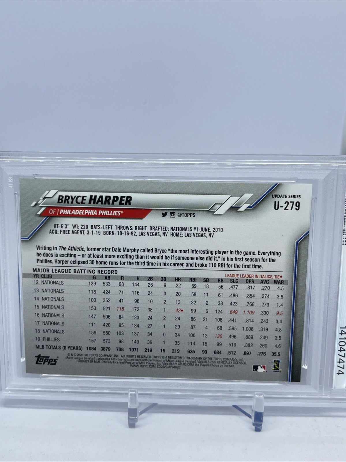 2020 Topps Update Bryce Harper #U279 SSP Variation (Back Of Jersey) PSA9 view 3