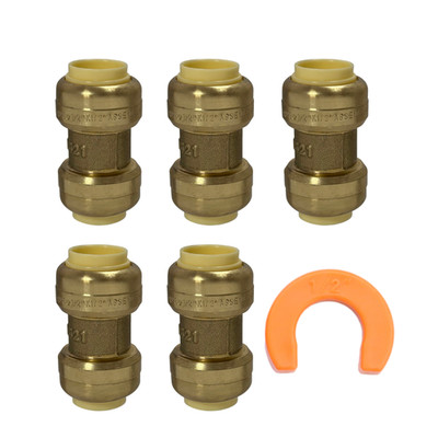 5 Pack XFITTING  1/2'' Push Fit Couplings With 1 Disconnect Clip, Lead Free Brass