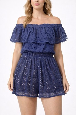 Anthropologie Ranna Gill Tiered Eyelet Off Shoulder Ruffle Romper L Large Blue