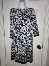Chaps Navy White Floral Print Boat Neck 3/4 Sleeve Shift Dress Size S