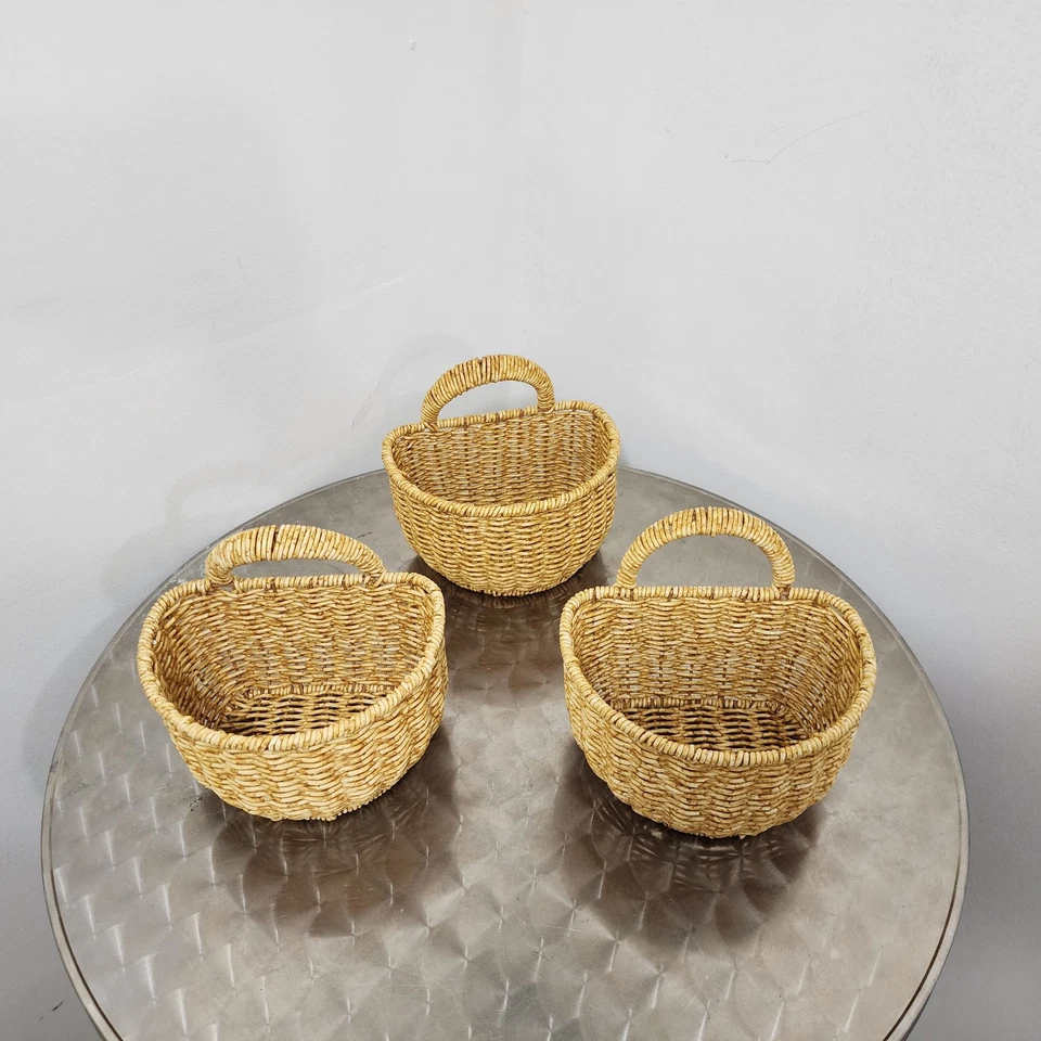 Cestas de almacenamiento tejidas a mano para colgar en la pared de 3 piezas maceta marco de metal decorativo Foto 3 de 4