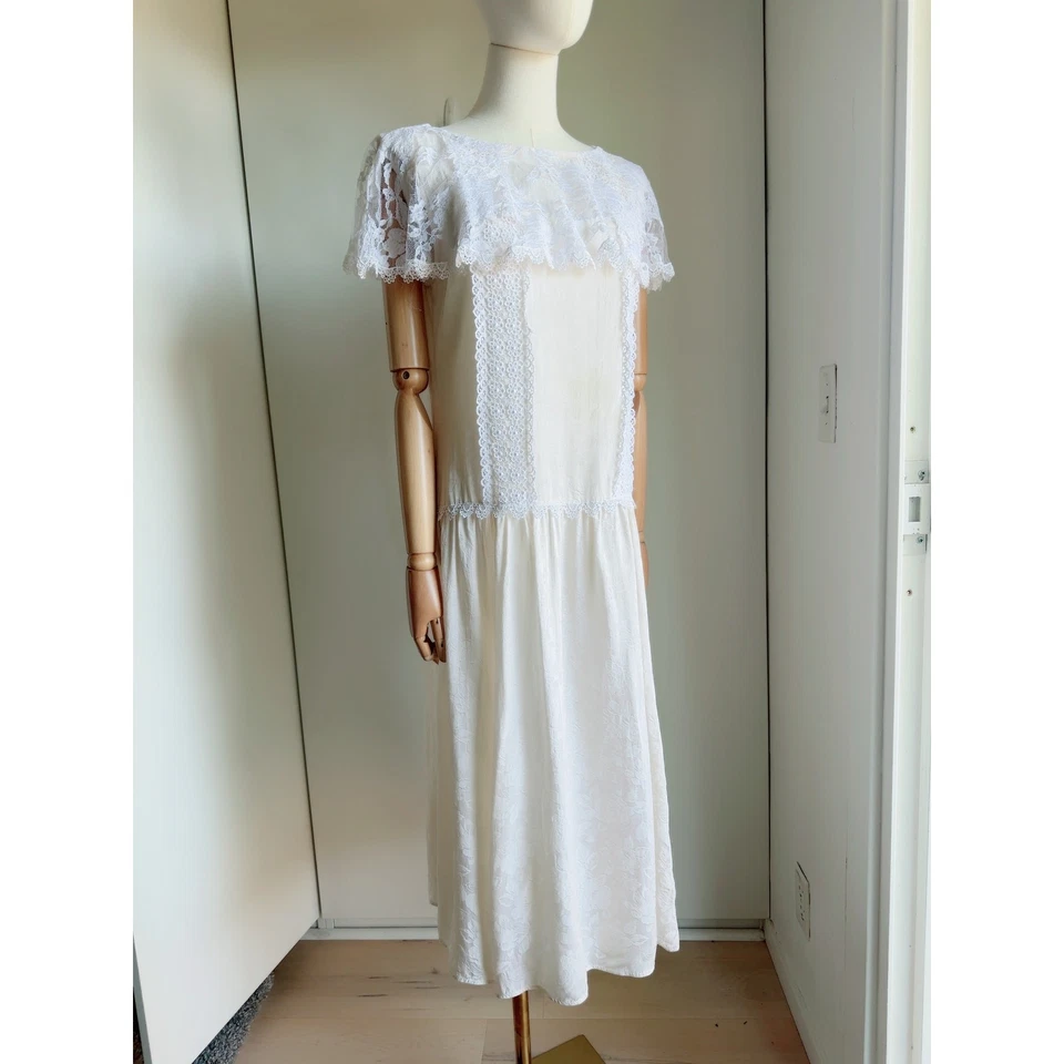 Vestido De Colección Años 80 Jessica McClintock Seda Blanco Crema Encaje Moderno Talla 6-8 Coqueta Foto 3 de 4