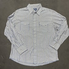 VTG Wrangler Western Shirt Blue White Striped Pearl Snap Long Sleeve Men's XL