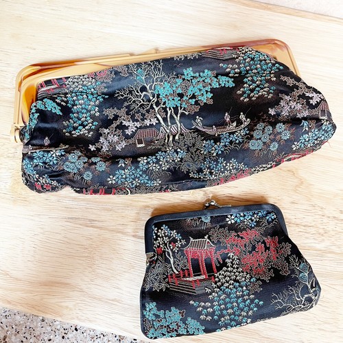 Vintage 80s Chinese Silk Brocade Clutch Purse Embroidered Matching Coin Purse - Picture 10 of 24