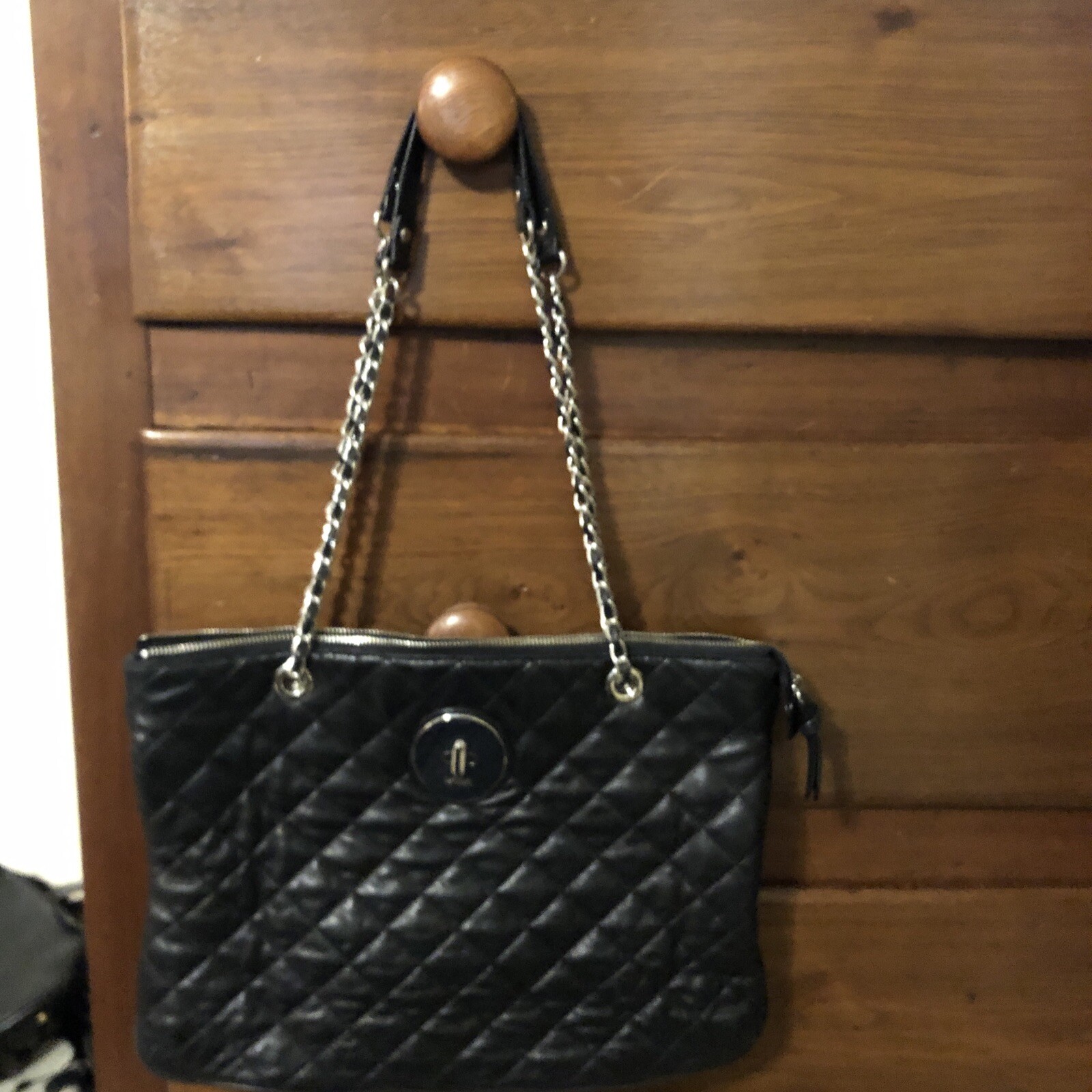 DKNY Black Leather Checked Pattern Chain Link Str… - image 1