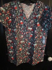 Cassandro O Christmas Holiday Scrub Top Womens V-neck Sloth Tree Small S