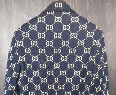 Gucci Tailored Navy Men's Jacket GG Jacquard Size 44 Cotton 521889