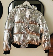 Maje Silver Bomber Down Jacket Unisex Marked Size 2 Women S/m