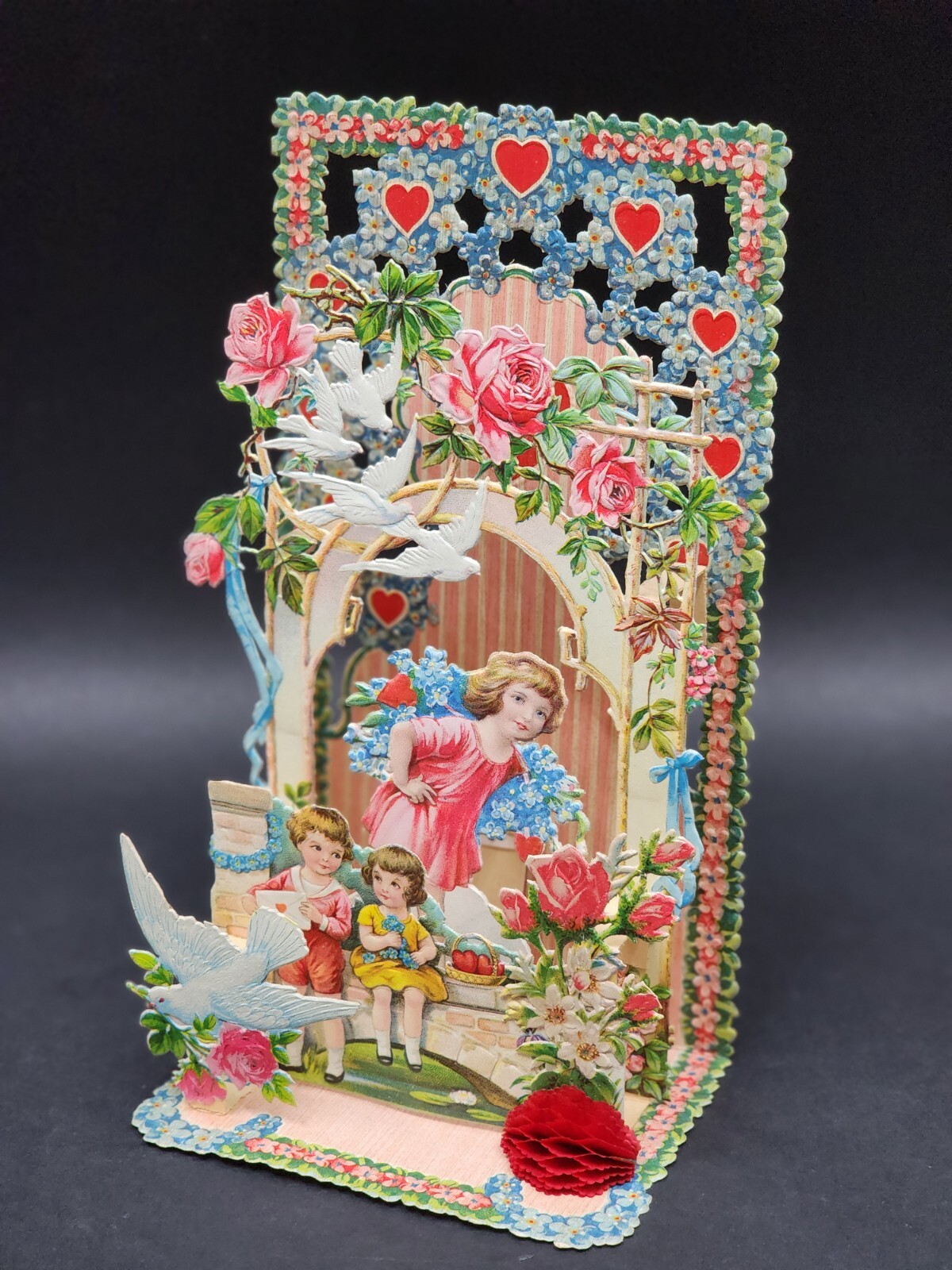 Victorian Antique Vintage Germany Diecut Fold-out VALENTINES Card w/ Boy & Girl