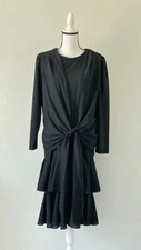1970s Black Tiered Dress, Vintage Tie Waist Dress, Plus Size Dress with Ruffles
