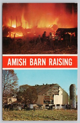 Amish Barn Raising Friends & Family Erect A New Barn Penn Dutch Chrome Postcard