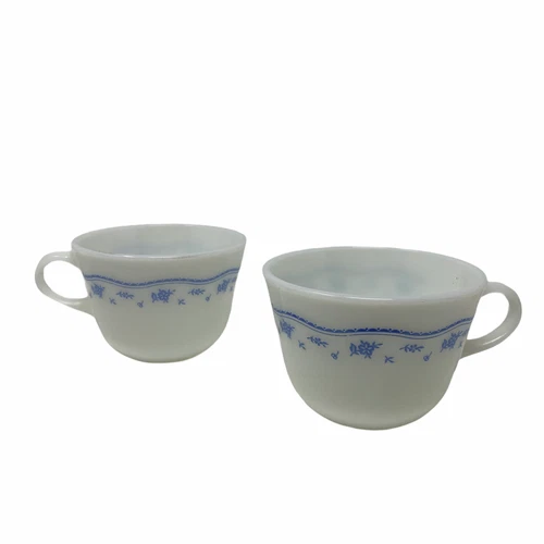 PYREX Vintage Morning Blue Flower White Milk Glass Mugs/Cups Coffee Set of 2 