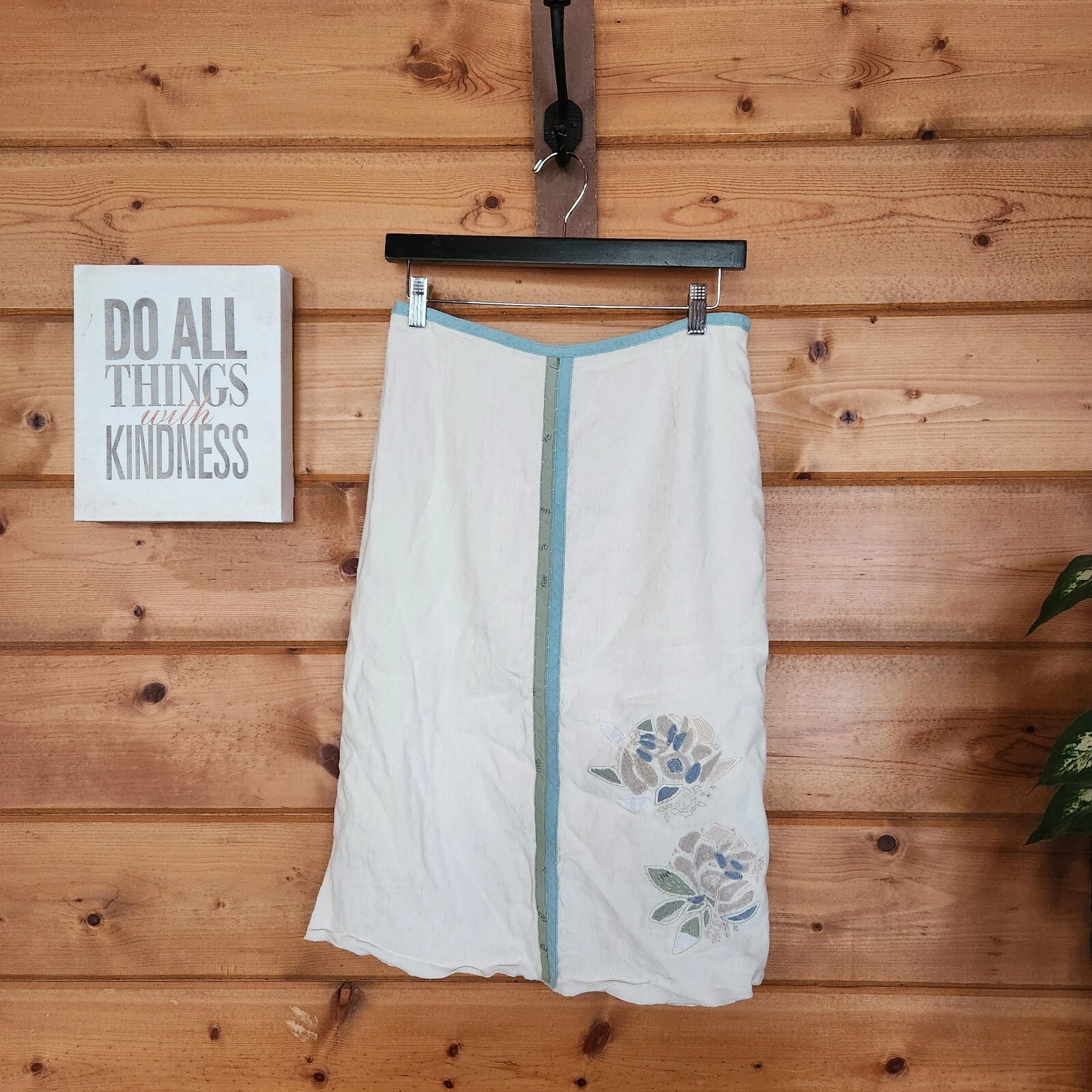 J. Jill Linen Blend Floral Appliqué Embroidered Midi Skirt ALine Lined Boho Sz 8