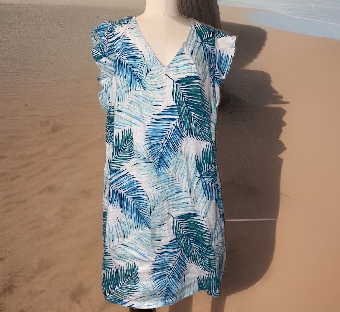 Tahari NWT Women's Palm Leaf Print 100% Linen Flutter Sleeve Shift Dress  Medium | eBay