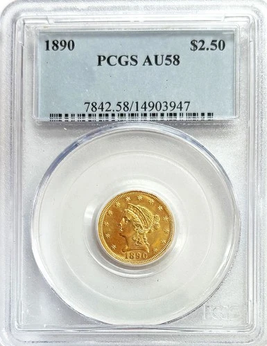 1890 GOLD US $2.50 LIBERTY HEAD QUARTER EAGLE COIN PCGS ABOUT UNC 58