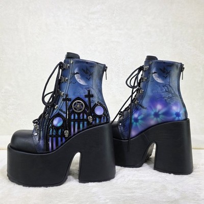 Camel 203 Moonlit Graveyard Print inset Charms Platform Goth Punk Ankle Boots