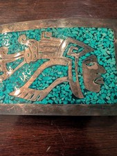 Mexico Taxco Sterling Silver Aztec Warrior Inlaid Turquoise Chip Belt Buckle